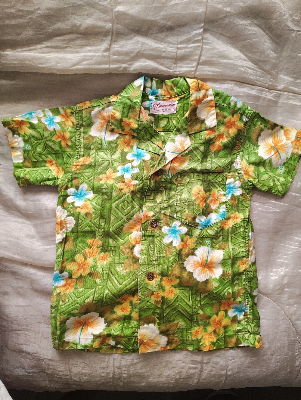 Vintage Kaikamahine Girls Boys Hawaiian Shirt Hibiscus Floral Tiki Cotton Size 8